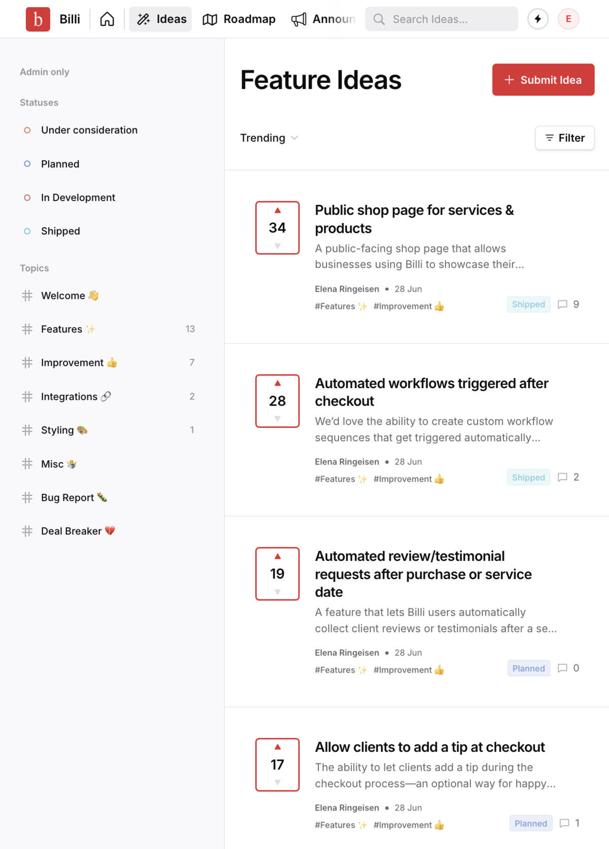 Feature request interface showing community feedback